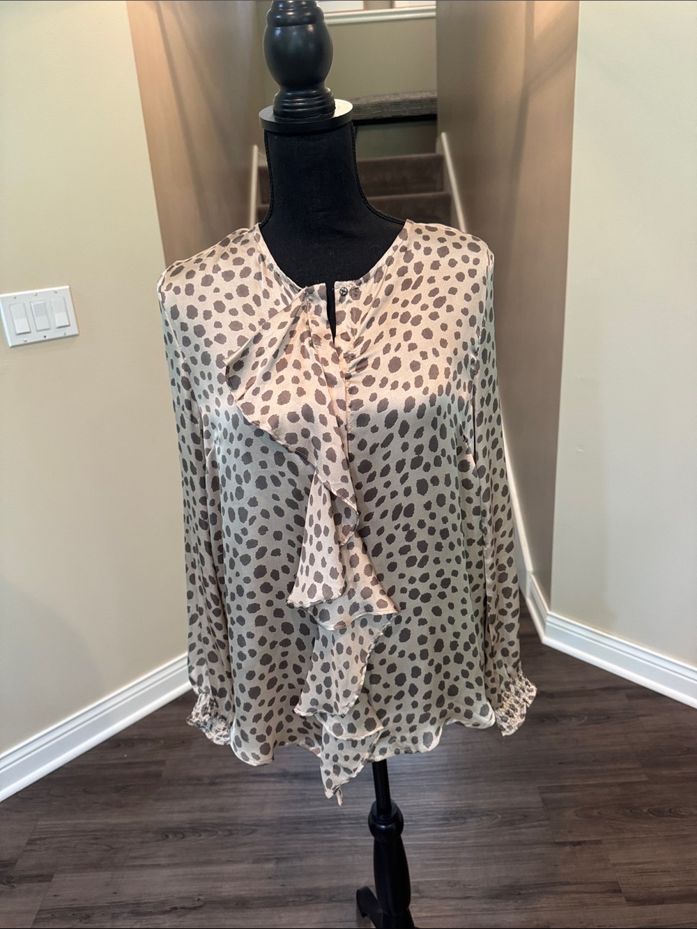 Mystree Cream Blouse with Gray Dot Ruffle Front